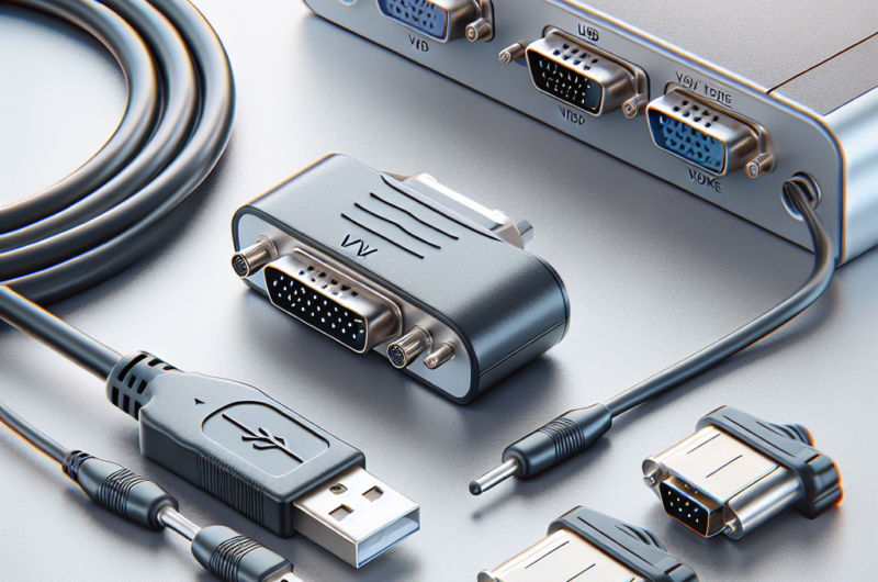 "USB to VGA adapter connecting to a KVM switch, illustrating compatibility and setup for multiple monitor configurations in a tech environment."