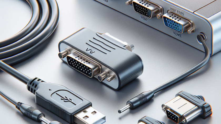 "USB to VGA adapter connecting to a KVM switch, illustrating compatibility and setup for multiple monitor configurations in a tech environment."