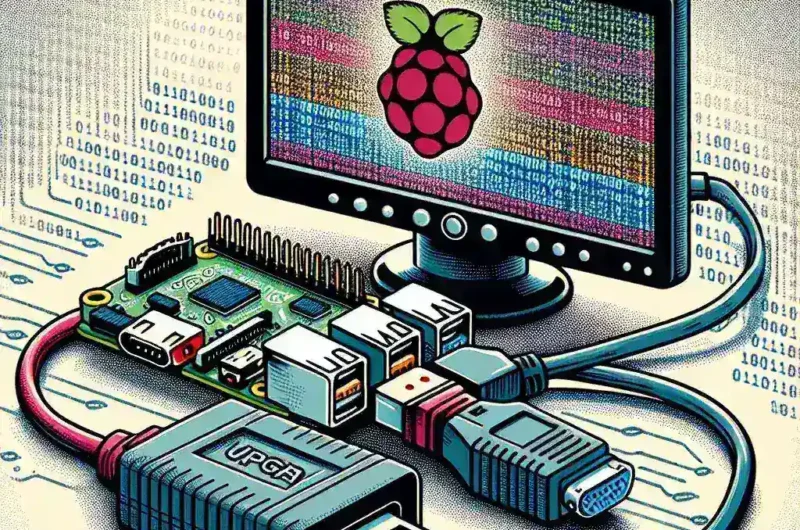 "USB to VGA adapter connected to a Raspberry Pi, demonstrating compatibility and enabling video output on an external monitor."