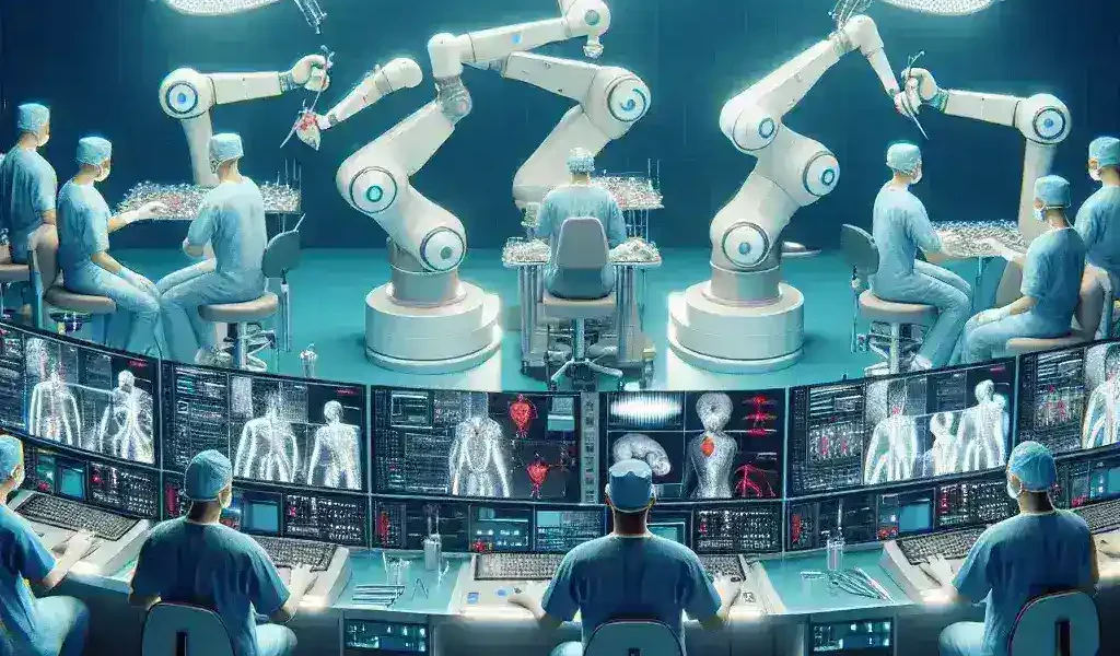 "Surgeons monitoring multiple autonomous robots during a complex surgical procedure, showcasing the integration of technology in modern medicine."