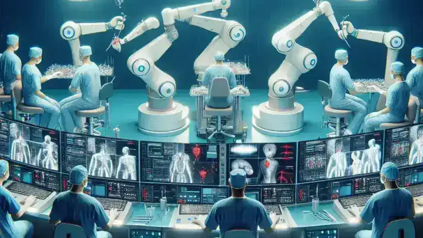 "Surgeons monitoring multiple autonomous robots during a complex surgical procedure, showcasing the integration of technology in modern medicine."