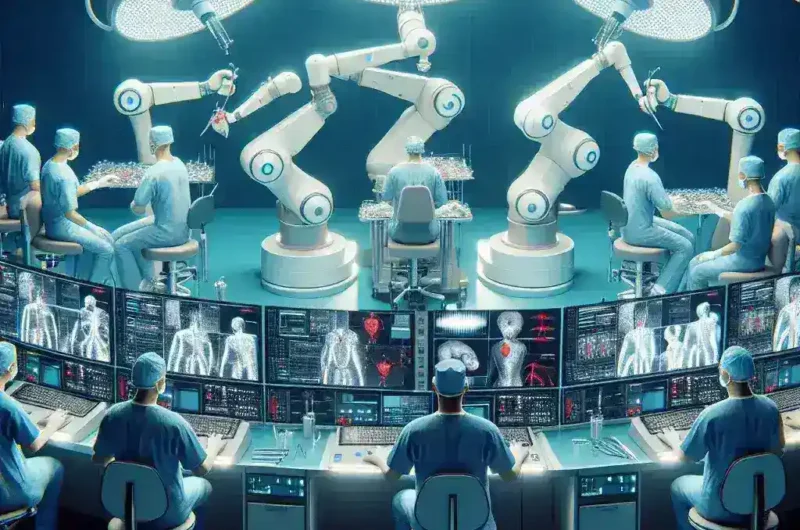 "Surgeons monitoring multiple autonomous robots during a complex surgical procedure, showcasing the integration of technology in modern medicine."