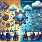 "Discussion panel on Sovereign AI with global leaders, showcasing open-source technology and cloud solutions in a modern conference setting."